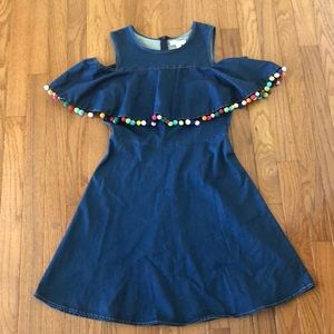 Denim Cold Shoulder Pom Pom Dress
